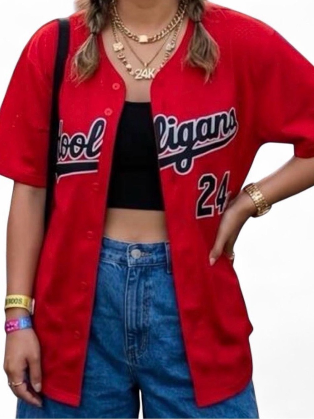Red Baseball-Style Varsity Jersey Jacket with Script Detail